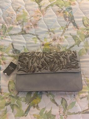 Abercrombie Gray Faux Suede Beaded Flap Clutch Y2K Homecoming Purse